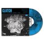 "CLUTCH" und "WASTED LANDS" in blauer Schrift; Schwarz-Weiß-Bild eines Alligators; blaue Schallplatte., LP