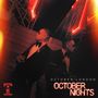 Text: "OCTOBER LONDON", "OCTOBER NIGHTS". Dunkles, stimmungsvolles Bild mit zwei elegant gekleideten Personen und Neonlichtern., 2 LPs