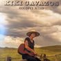 "KIKI CAVAZOS", "GOODBYE BLUES". Frau mit Gitarre und Hut sitzt auf einem Holzzaun vor bewölktem Himmel und Wiese., LP