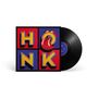 Text "HONK" in großen Buchstaben. Lips and tongue logo. Vinyl-Schallplatte auf der rechten Seite sichtbar., LP