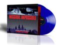 "MISSION: IMPOSSIBLE" in Rot, Danny Elfman Komposition. Blaues Vinyl, abgebildet ist ein Mann in Aktion über Stadtsilhouette.