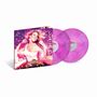 Der Text lautet "glitter" und "Mariah". Zwei lila Schallplatten und ein Albumcover mit einer lächelnden Frau., 2 LPs