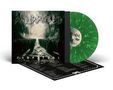 Texte: "PERPETUAL". Grüne Vinyl-Schallplatte neben einem düsteren Albumcover mit mystischem Pfad zwischen Bäumen., LP