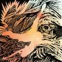 Keine Texte im Bild. Exotisch gefärbte Schallplatte, Skelett und Drachen in orange-schwarzem Artwork., LP