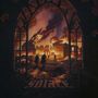 Text: "Fading Failing Ruin" und "SOLACE". Eine Illustration zeigt eine brennende Stadt durch gotische Fenster betrachtet., CD