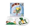 Texte: "elf", "ORIGINAL MOTION PICTURE SCORE", "JOHN DEBNEY". Illustration eines fröhlichen Mannes in einer Schneekugel und auf einer Schallplatte., LP