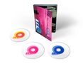 "R.E.M. REVEAL" auf drei CDs, farbig und nebeneinander. Pinker CD-Hüllenrand mit stilisierter Gestaltung., 2 CDs und 1 Blu-ray Audio