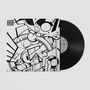Illustration mit Vinyl-Schallplatte, schwarzes und weißes, abstraktes Design. Texte, die teils leicht lesbar sind., LP