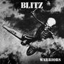 "BLITZ" oben, "WARRIORS" unten. Illustration: Skelett reitet ein Flugzeug, düstere Flugmotivszenen.