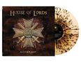 Text: "HOUSE OF LORDS", "ANTHOLOGY". Ein großes Emblem mit Schwertern auf einem dunkelbraunen Hintergrund. Beige Vinyl-Schallplatte mit schwarzen Sprenkeln., LP