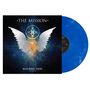 "The Mission", "Resurrection: The Best Of", blaues Vinyl, weiße Flügel vor einem farbenfrohen, energetischen Hintergrund.