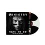 "MINISTRY - HATE TO GO, TAKE OUT OR DELIVERY." Schwarzes Cover mit einem ernsten Gesicht und Sonnenbrille, darüber Vinyl., LP