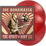 „Joe Bonamassa“, „The Spirit of Rory“, „Live from Cork“. Illustration eines Gitarristen, rot-gelber Hintergrund, rote Vinylplatten., 2 LPs