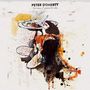 Text: PETER DOHERTY, Grace/Wastelands. Eine abstrakte, farbenreiche Illustration einer sitzenden Figur mit intensiven Linien., LP
