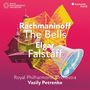 Text: "Rachmaninoff The Bells Elgar Falstaff Royal Philharmonic Orchestra Vasily Petrenko." Grafik mit Kirchen und Glocken.