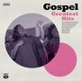 „Gospel Greatest Hits“, Liste von Künstlern, Chor singt leidenschaftlich in violetten Roben, Retro-Design.