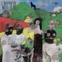 "WHY THE EYE" und "inspirex". Bunte, surreale Illustration mit Menschen-Tier-Mischwesen und Landschaft., LP