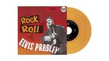 „El Rock and Roll de Elvis Presley“ steht in großen Buchstaben. Links ein Schwarz-Weiß-Foto von Elvis mit Gitarre. Rechts eine gelbe Schallplatte.