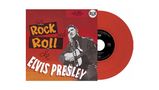 „El Rock and Roll de Elvis Presley“. Illustration mit Elvis Presley, Gitarre. Rote Schallplatte sichtbar.