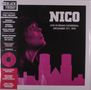 "NICO LIVE IN REIMS CATHEDRAL, DECEMBER 13TH, 1974". Ein Gesicht in Magenta, starke Kontraste, mit Stadt-Silhouette., LP