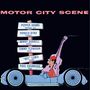 Text: "Motor City Scene", darunter Schilder mit Musiker-Namen. Illustration: Mann im Auto mit Instrument hinten., LP