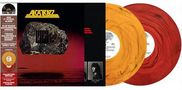 Schriftzug: "ALCATRAZZ". Illustration: Fels mit Gitter auf rotem Hintergrund, zwei bunte Schallplatten., 2 LPs