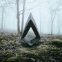 Eine moderne Skulptur mit dreieckiger Öffnung steht in nebligem Wald auf moosbedecktem Boden., CD