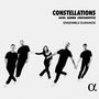 CONSTELLATIONS: RAVEL, BARBER, CHOSTAKOVITCH, ENSEMBLE OURANOS. Fünf Personen in schwarzer Kleidung halten sich an den Händen., CD