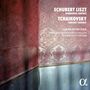 Texte: "SCHUBERT LISZT WANDERER FANTASY. TCHAIKOVSKY CONCERT FANTASY. LUKAS GENIUŠAS SINFONIEORCHESTER ST.GALLEN MODESTAS PITRĖNAS." Florales Tapetendesign in Rot und Grau, unten metallisch., CD