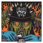 Der Text "STRUCK A NERVE" ist oben mittig. Skurrile Illustration: eine Gestalt mit Gasmaske, blauen Händen, Flammen im Hintergrund., CD