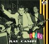 Texte: "RAY CAMPI ROCKS". Schwarz-weißes Konzertfoto, zwei Männer spielen Gitarre, einer hebt die Hand, Gelb-Schwarz-Streifen.