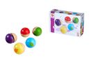 "5 sounds". Eichhorn-Logo. Bunte Holzkugeln mit Tiermotiven; Farben: lila, rot, grün, blau, gelb. Verpackung zeigt Kugeln.