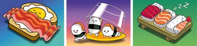 Links: Ei und Speck schlafen auf Toast. Mitte: Sushi rennt von einer schiefen Plastikhaube. Rechts: Sushi schläft mit "Zzz"., Spiele