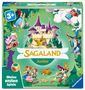 Text: "Sagaland Junior", "3+", "Meine ersten Spiele". Märchenlandschaft mit Schloss, Hexe, Zauberer, Kindern und Tieren.