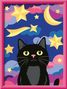 Illustration: Eine schwarze Katze mit gelben Augen vor einem bunten Himmel mit gelben Sternen und einem Mond., Spiele