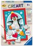 "CREART 9+" steht in großen bunten Buchstaben. Illustration: Pinguin mit roter Mütze, Schneeflocken und ein gelber Fisch., Spiele