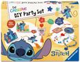 Text: "Be Creative DIY Party Set, For 7 kids, Prepare your Party, Party activity with friends, Let's Party, Disney Stitch."  
Illustration: Figuren und Bastelmaterialien von Stitch in lebendigen Farben., Spiele