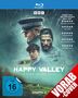 Vorab-Cover für "Happy Valley Staffel 3", FSK 16. Drei Figuren in Regenkleidung, ländliche Kulisse, BBC-Logo., 2 Blu-ray Discs