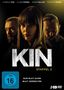 „KIN Staffel 2. Nur Blut kann Blut vergelten.“ Drei Personen, ernst blickend, vor dunklem Hintergrund., 2 DVDs