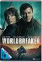 Text: "Worldbreaker" mit Luke Evans, Billie Boulet, Milla Jovovich. FSK 16 beantragt. Zwei Personen, ganzkörperliche Figur mit Schwert., DVD