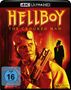 "HELLBOY: THE CROOKED MAN" in gelber Schrift. Eine rote Figur mit Pistole, ein gruseliger Mann im Hintergrund. FSK 16.