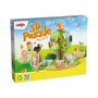 "3D Puzzle Play World" in bunten Buchstaben, zeigt Tiere und Kinder beim Spielen auf einer Wiese mit einem Baum. Ab 3+ Jahren.