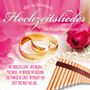 „Die schönsten Hochzeitslieder im Panflötensound.“ Zwei goldene Ringe, eine Rose und eine Panflöte auf rosa Hintergrund.