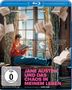 „Jane Austen und das Chaos in meinem Leben“ in pinker Schrift. Frau liest vor einem Fenster, Bücher fliegen, Lamas schauen herein.