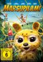 Text: MARSUPILAMI, VORAB COVER.  

Ein lächelndes, gelbes Tier mit großen Augen im Vordergrund; Menschen im Dschungel schwingen an seinem langen Schwanz., DVD