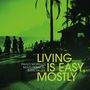 Texte: "LIVING IS EASY, MOSTLY", "PAULO MORELLO", "MULO FRANCEL", "SVEN FALLER". Silhouette einer Strandpromenade mit Palmen., CD