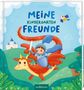 „MEINE KINDERGARTEN FREUNDE“ in bunten Buchstaben. Ein fröhlicher Ritter reitet einen roten Drachen vor einer Burg., Buch
