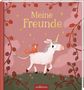 "Meine Freunde" in gelber Schrift. Illustration: Ein Einhorn trägt ein Eichhörnchen, umgeben von Zweigen und Herzen., Buch