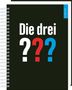 Text: "Die drei ???". Spiralgebundenes Notizbuch, schwarzer Hintergrund, Tab mit "myNOTES".