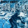 "Korpus Kristi" und "Stadt der blauen Eier". Illustration einer Stadt mit schiefen Gebäuden, Autos und einer maskierten Figur.